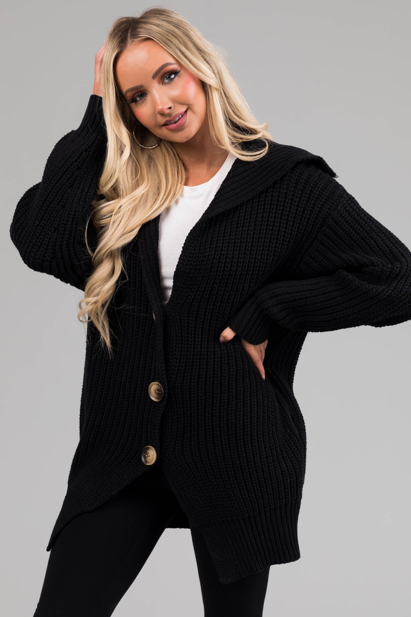 Black Long Sleeve Button Down Knit Cardigan