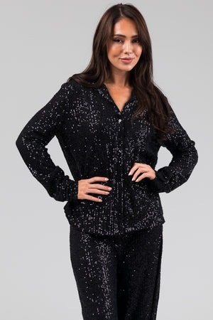 Black Long Sleeve Button Down Sequin Top