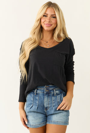 Black Long Sleeve Chest Pocket Knit Top