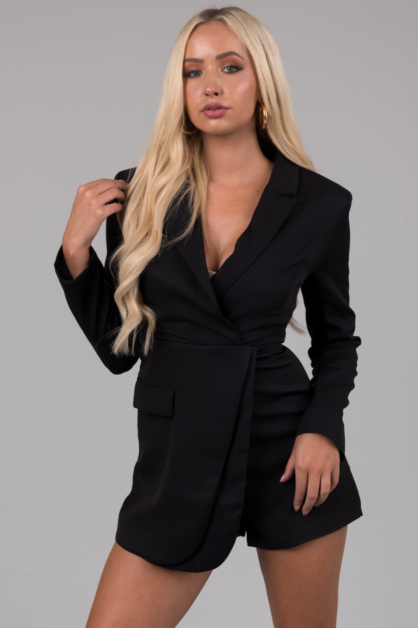 Black Long Sleeve Collared Blazer Romper