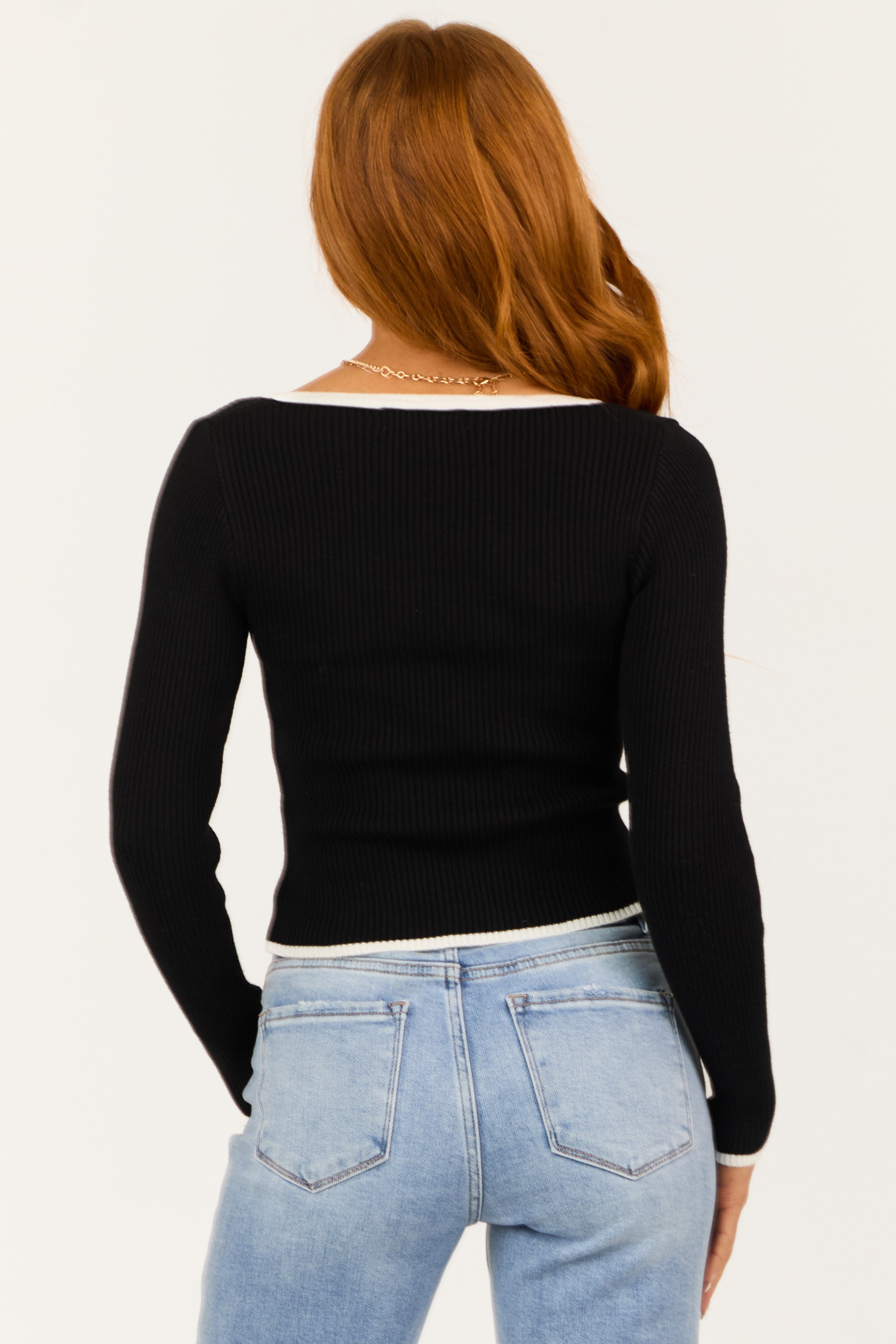 Black Long Sleeve Contrast Trim Ribbed Sweater