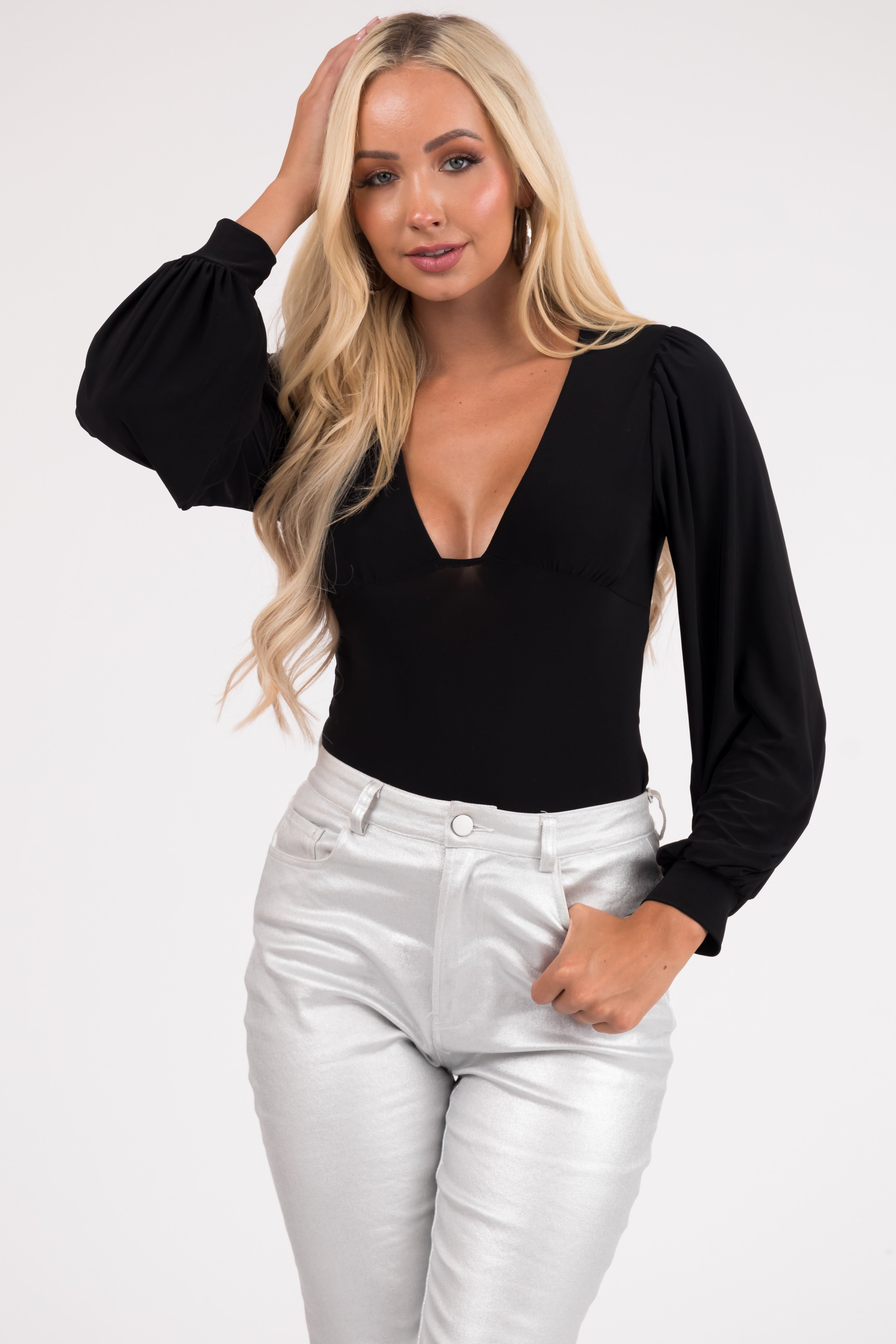 Black Long Sleeve Deep V Babydoll Bodysuit