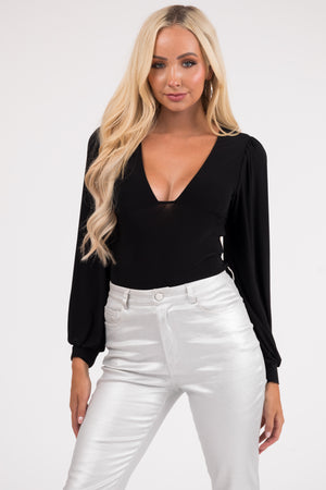 Black Long Sleeve Deep V Babydoll Bodysuit