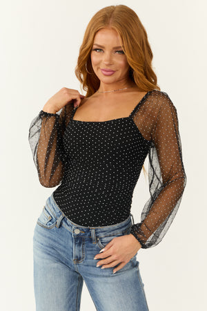 Black Long Sleeve Embroidered Mesh Bodysuit