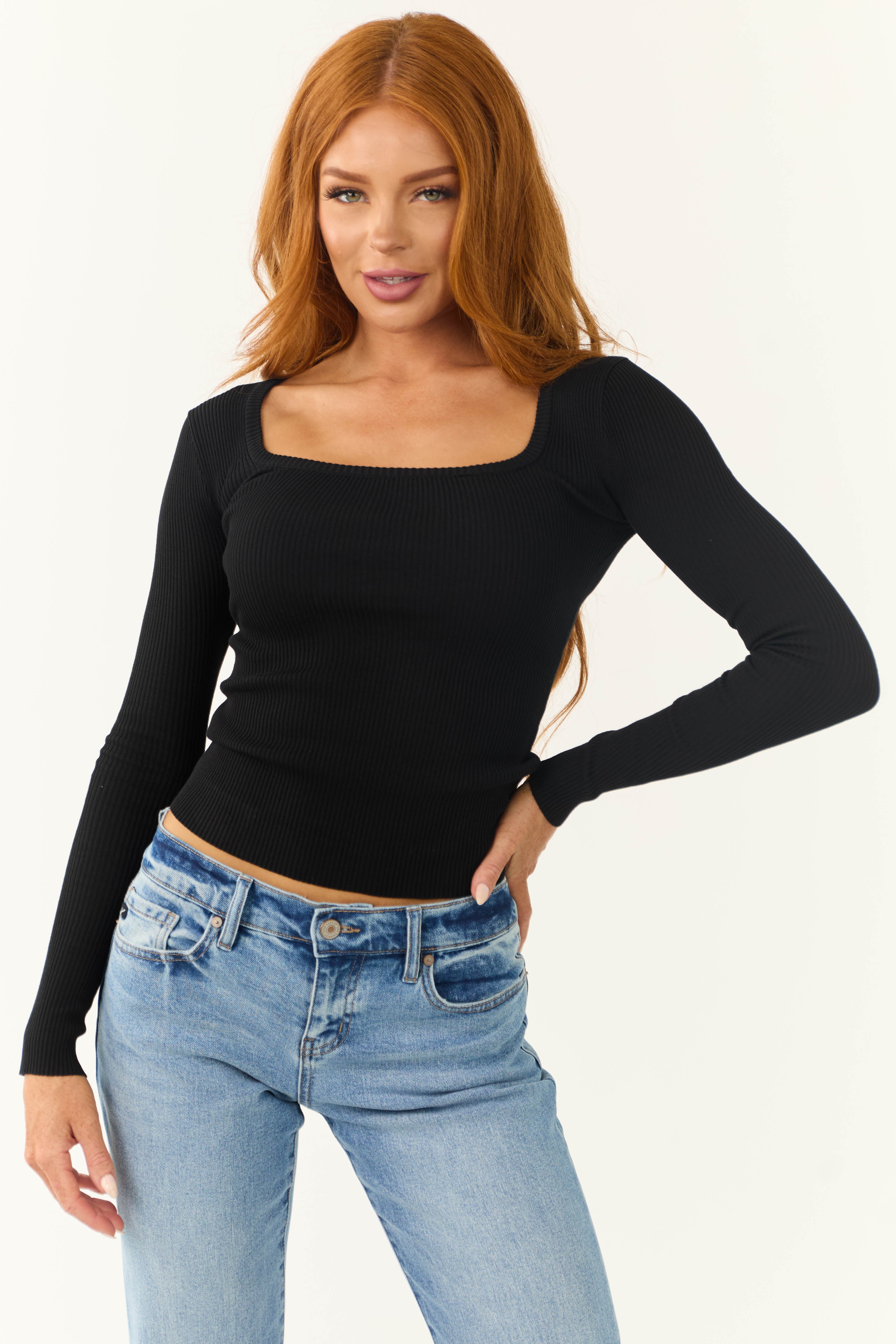 Black Long Sleeve Fitted Ribbed Knit Top