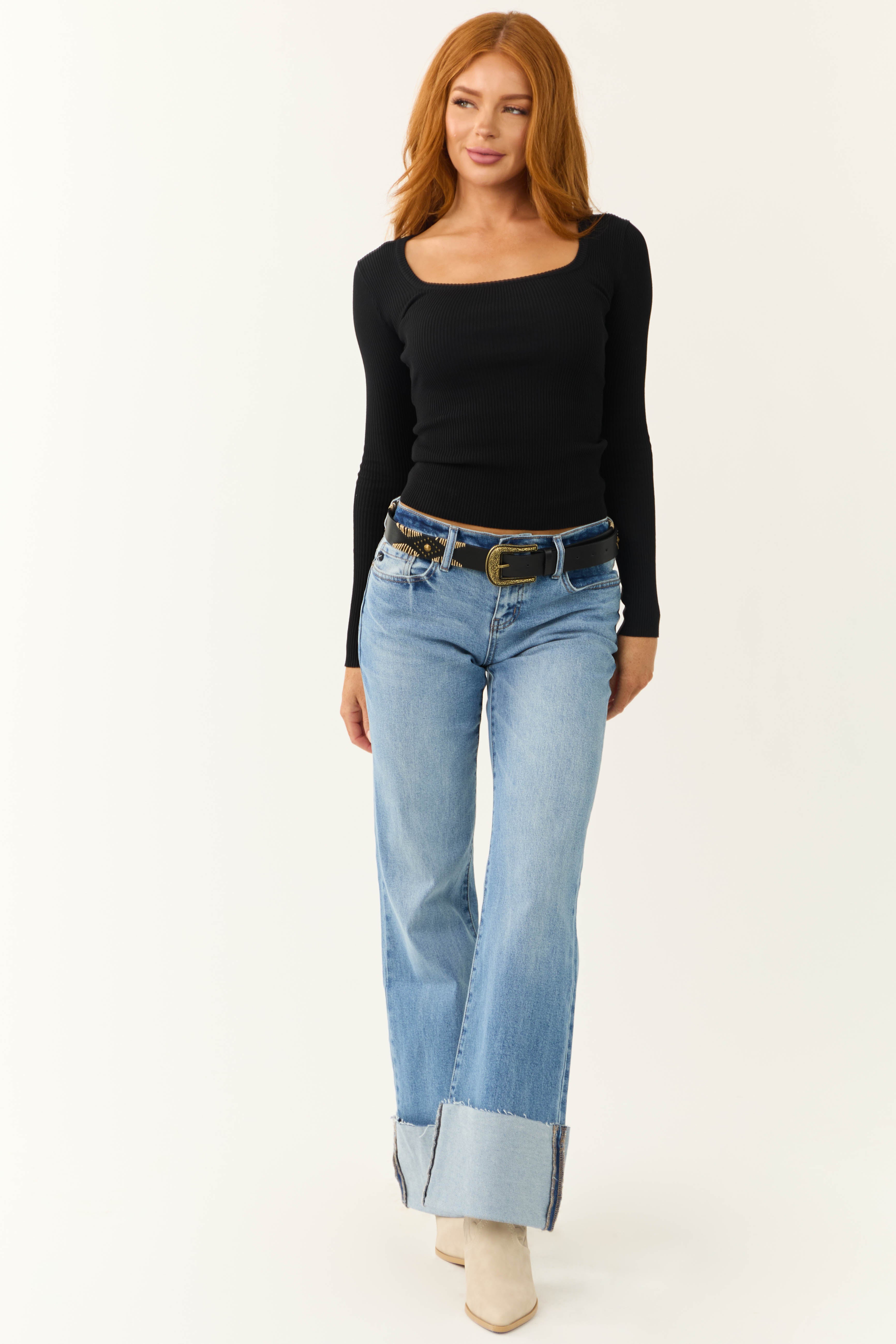 Black Long Sleeve Fitted Ribbed Knit Top