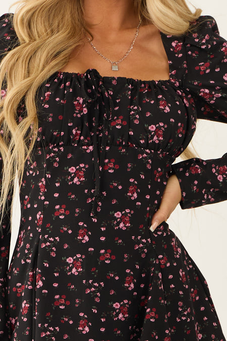 Black Long Sleeve Floral Print Mini Dress