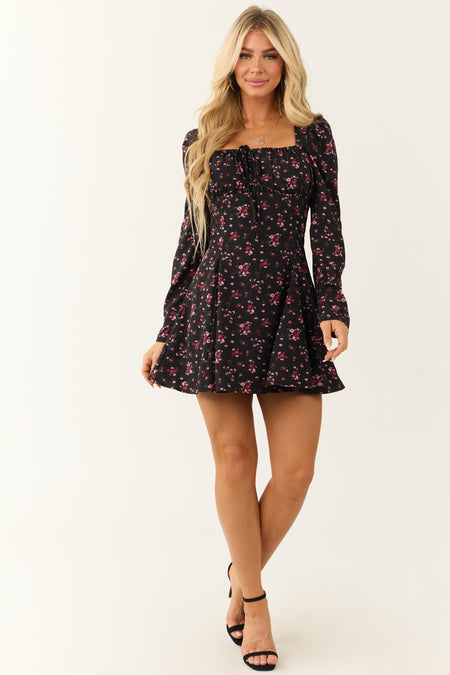 Black Long Sleeve Floral Print Mini Dress