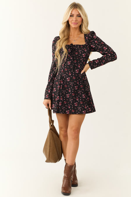 Black Long Sleeve Floral Print Mini Dress