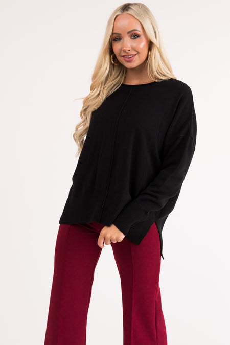 Black Long Sleeve Front Seam Knit Sweater