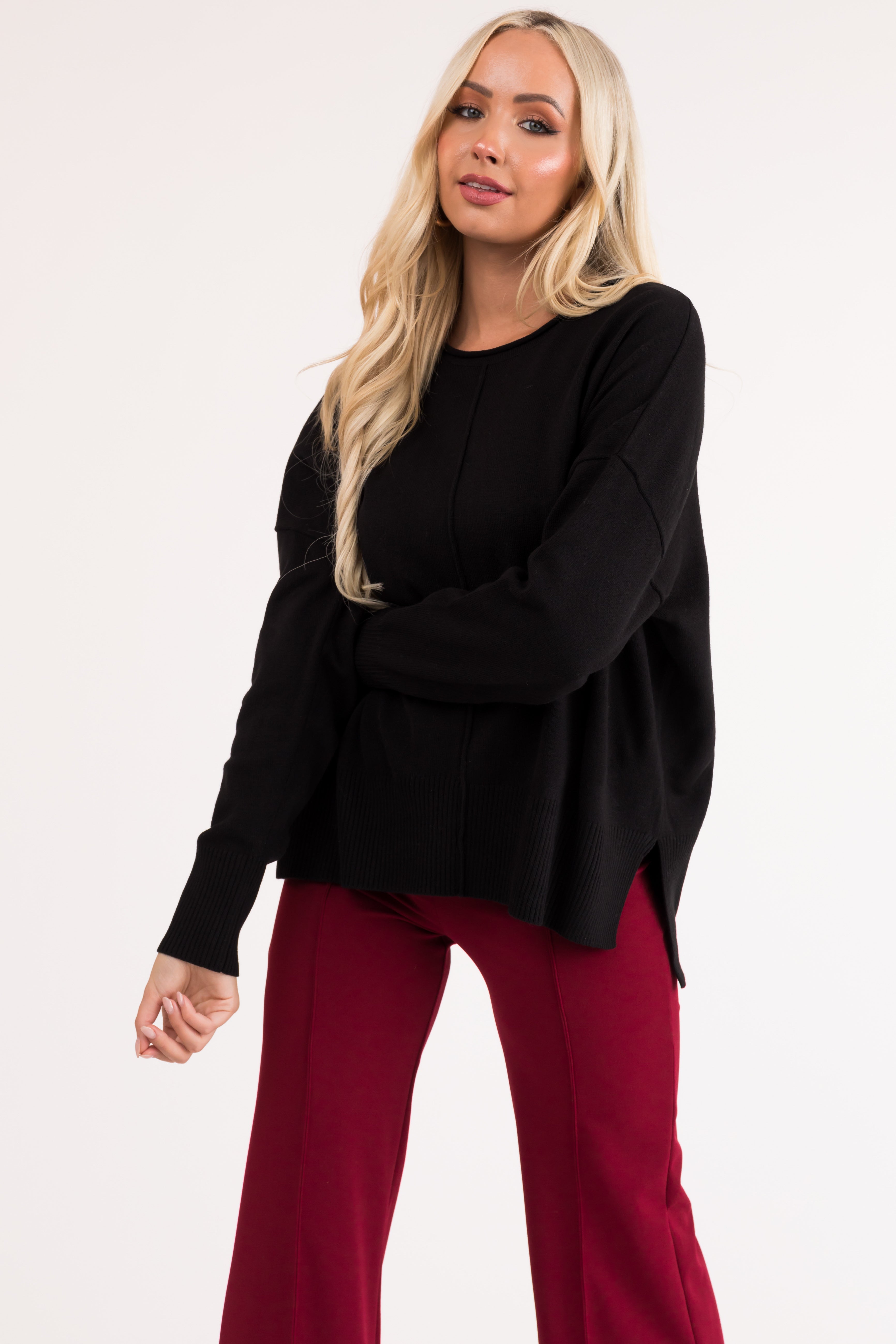 Black Long Sleeve Front Seam Knit Sweater