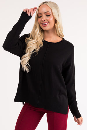 Black Long Sleeve Front Seam Knit Sweater