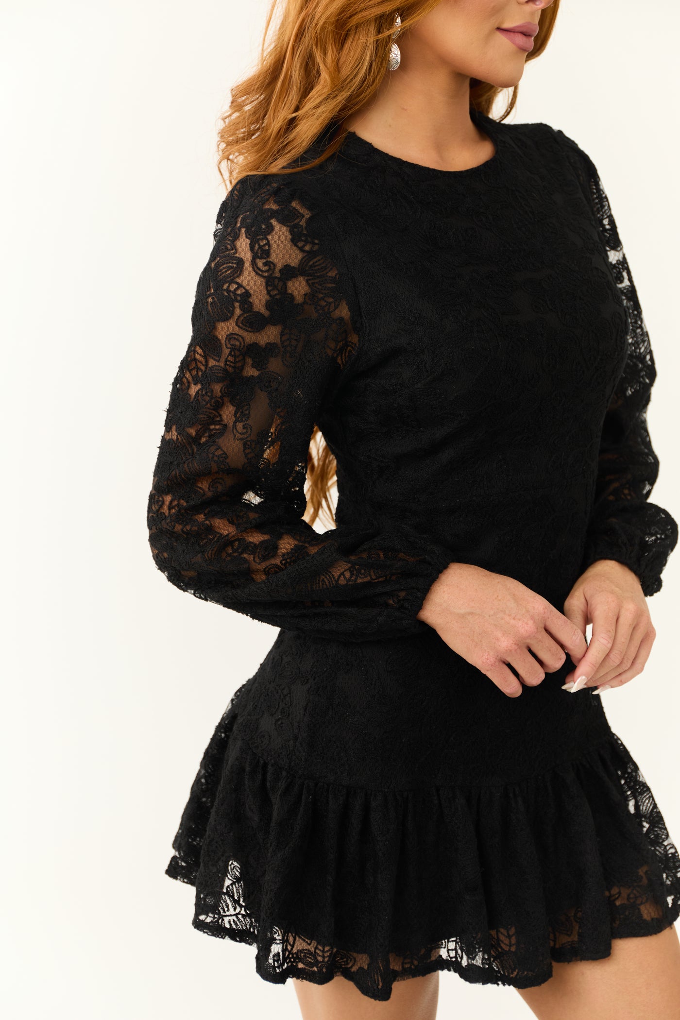 Black Long Sleeve Lace Short Dress with Ruffle Hem