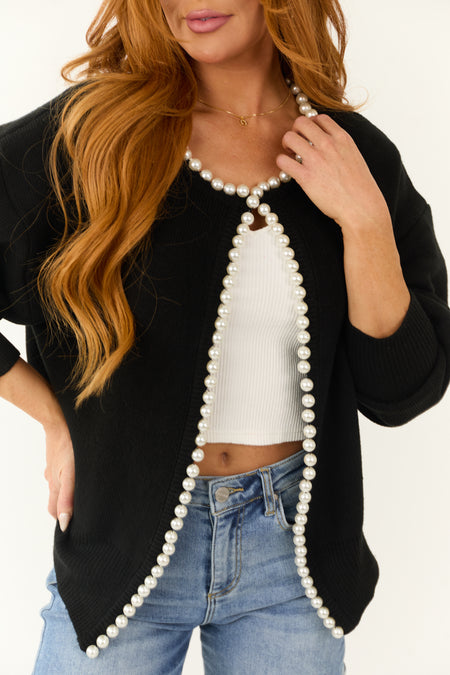 Black Long Sleeve Pearl Trim Open Cardigan