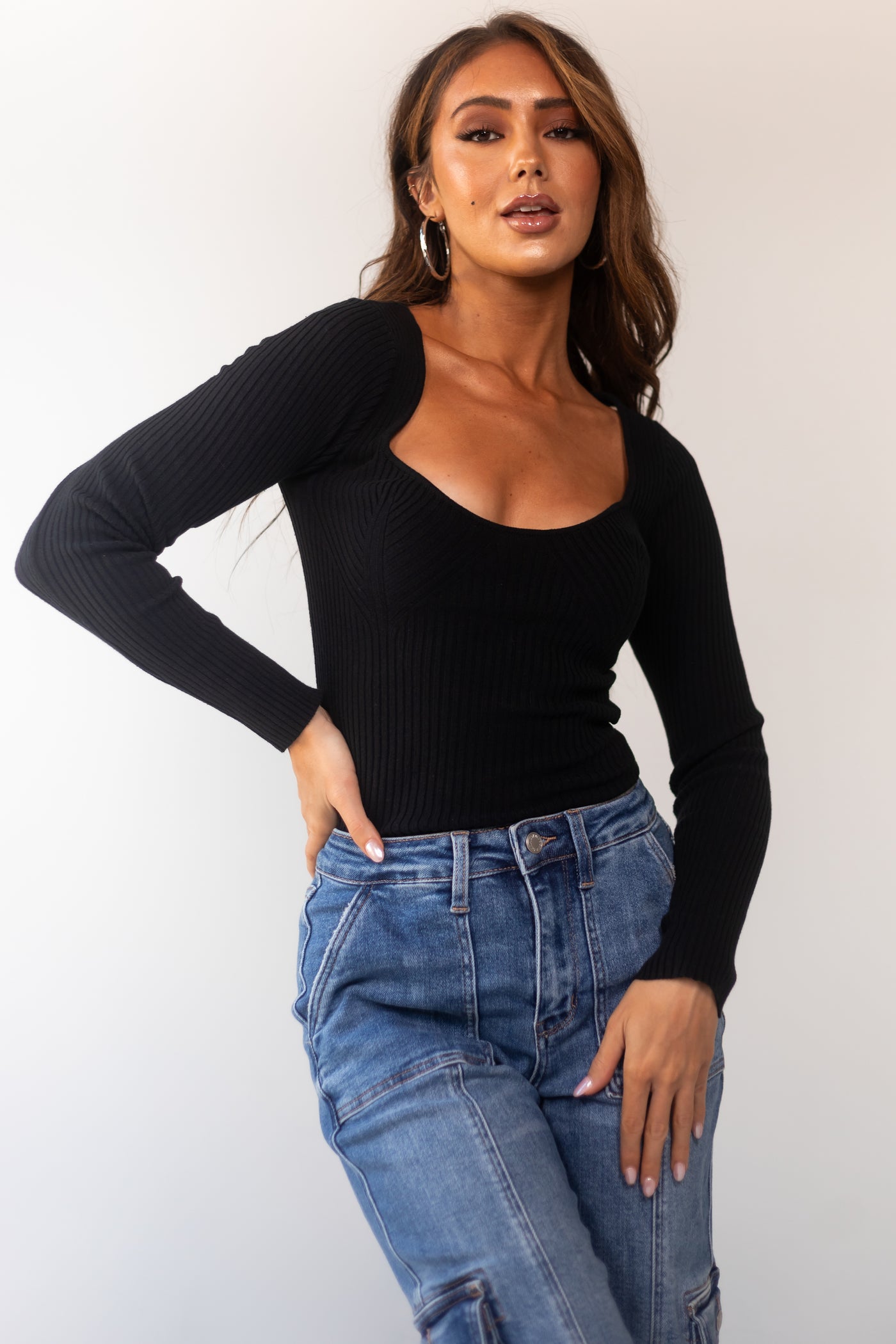 Black Long Sleeve Thick Ribbed Knit Fitted Top | Lime Lush