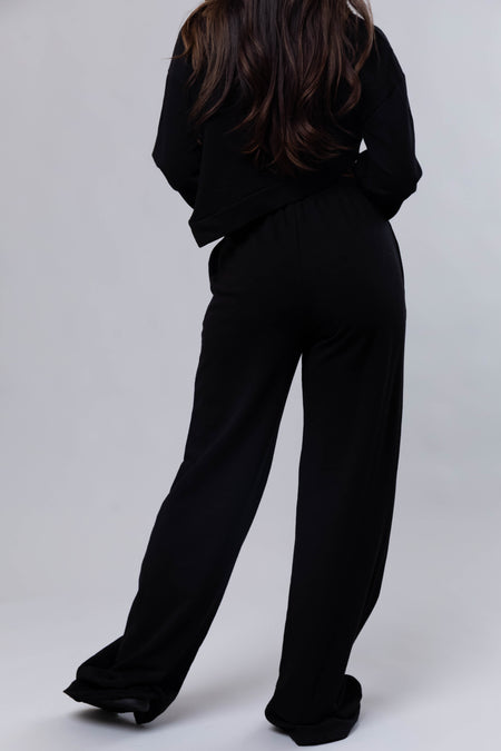 Black Long Sleeve Top and Wide Leg Pants Set