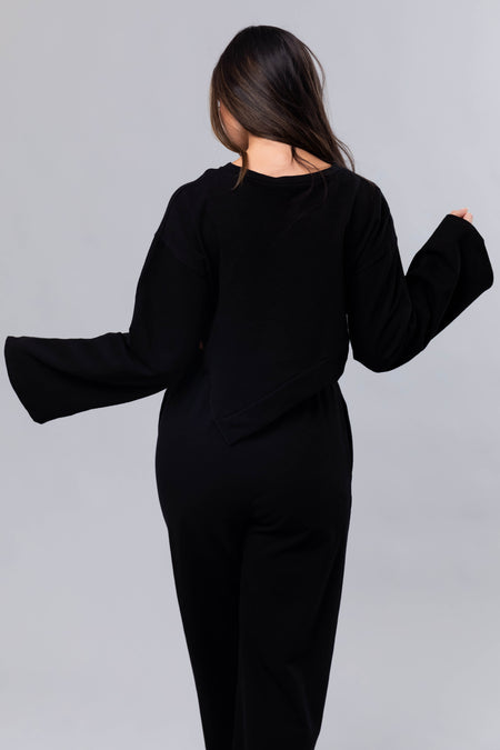 Black Long Sleeve Top and Wide Leg Pants Set