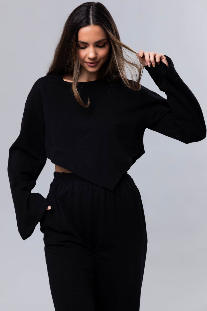 Black Long Sleeve Top and Wide Leg Pants Set