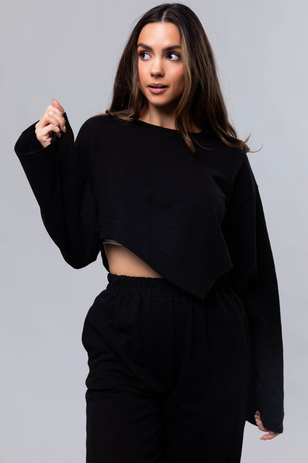 Black Long Sleeve Top and Wide Leg Pants Set