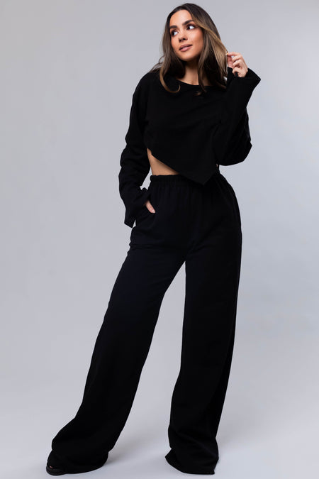 Black Long Sleeve Top and Wide Leg Pants Set