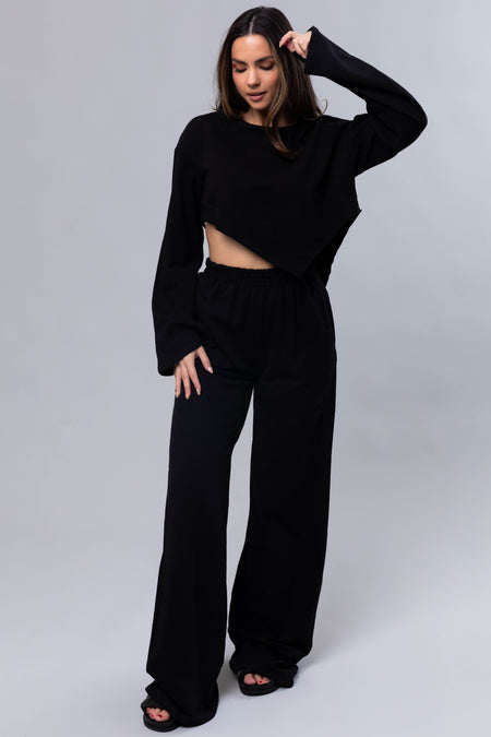 Black Long Sleeve Top and Wide Leg Pants Set