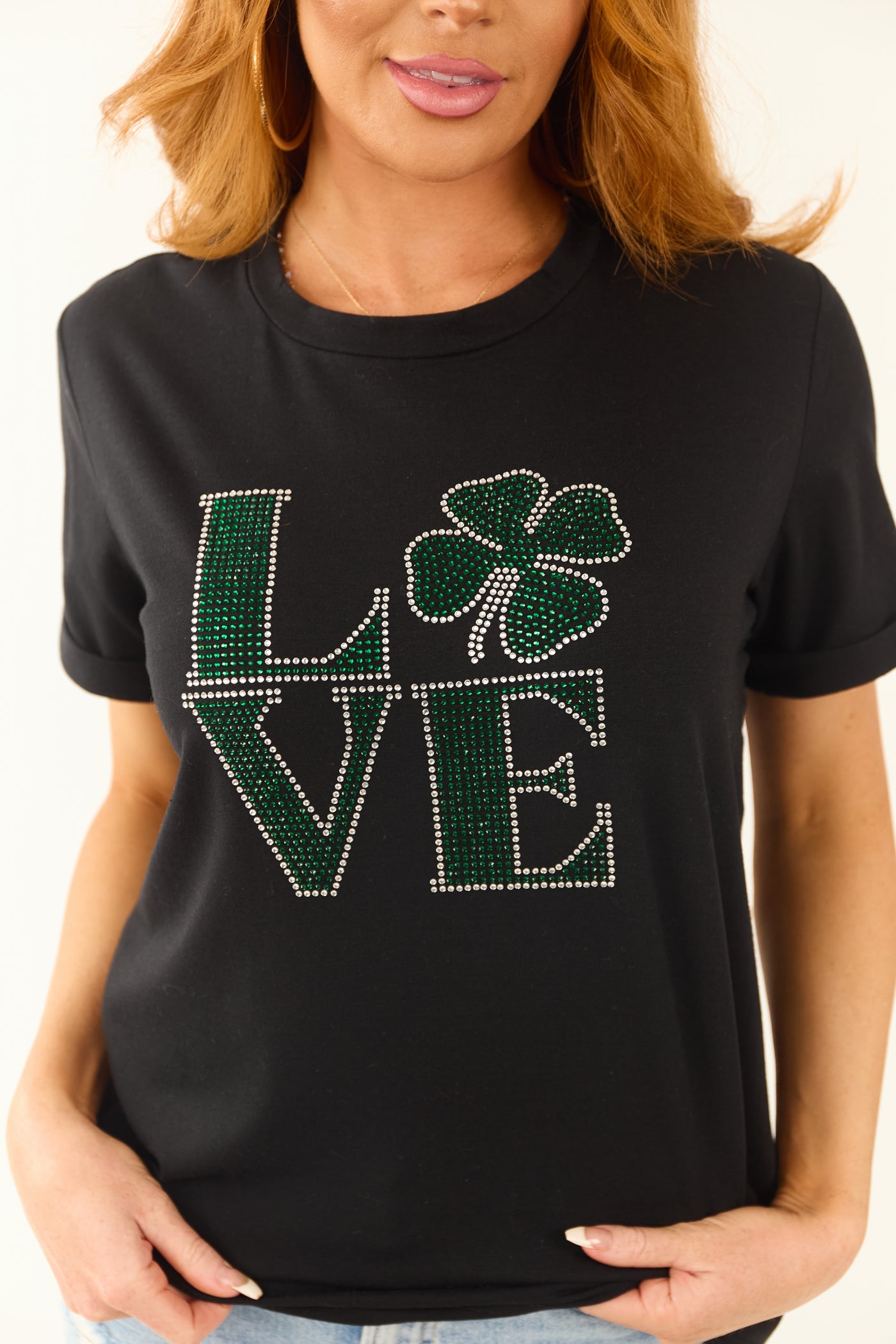 Black 'Love' St Patricks Rhinestone Clover Letter Tee