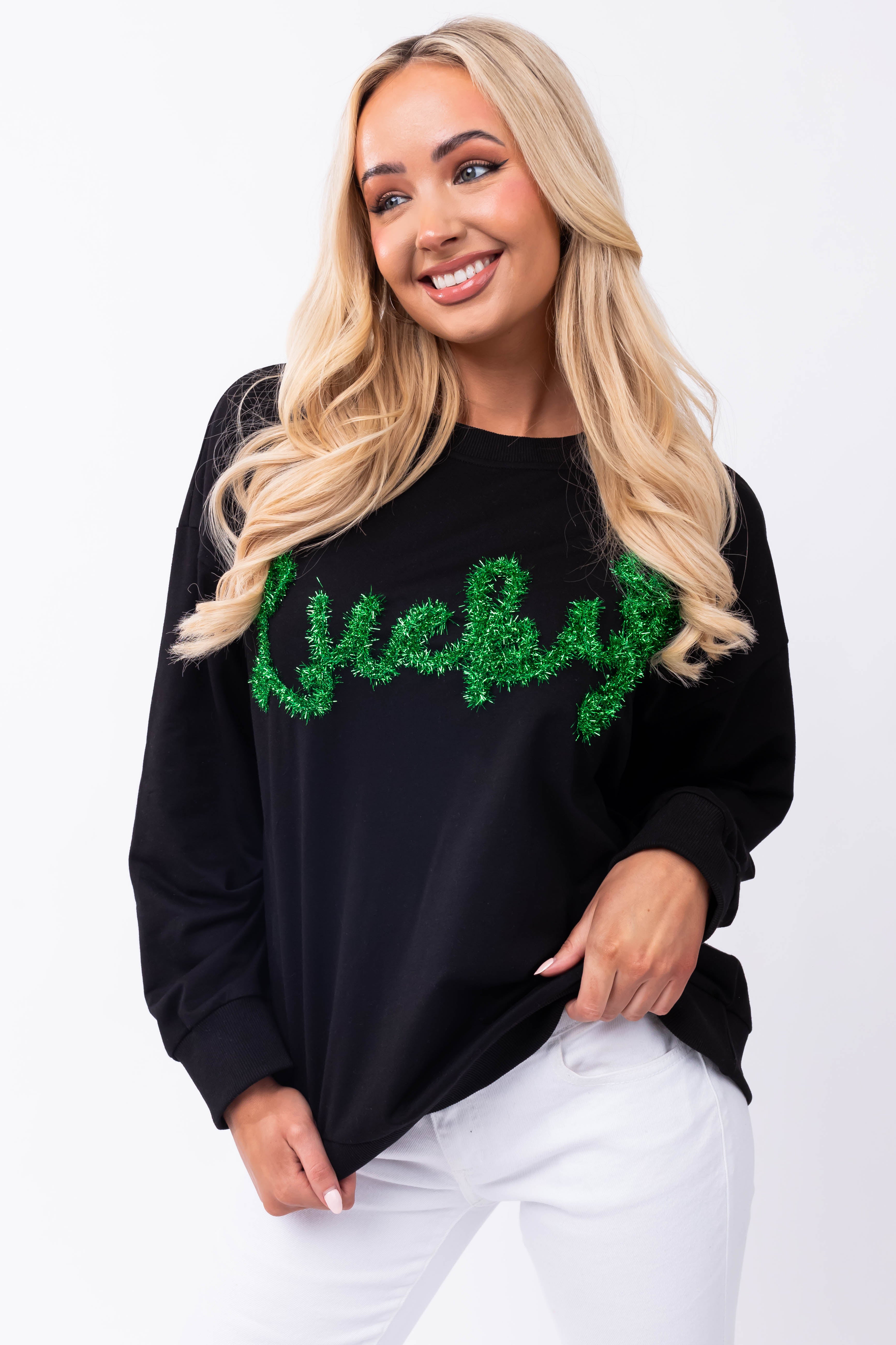 Black 'Lucky' Tinsel Lettering Pullover Top