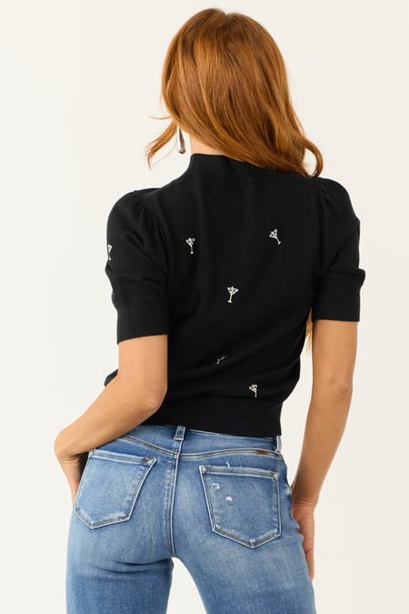 Black Martini Embroidered Knit Short Sleeve Top