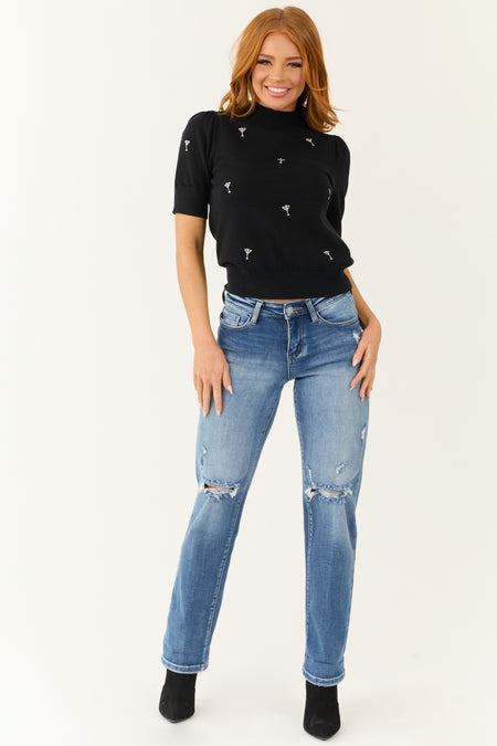 Black Martini Embroidered Knit Short Sleeve Top