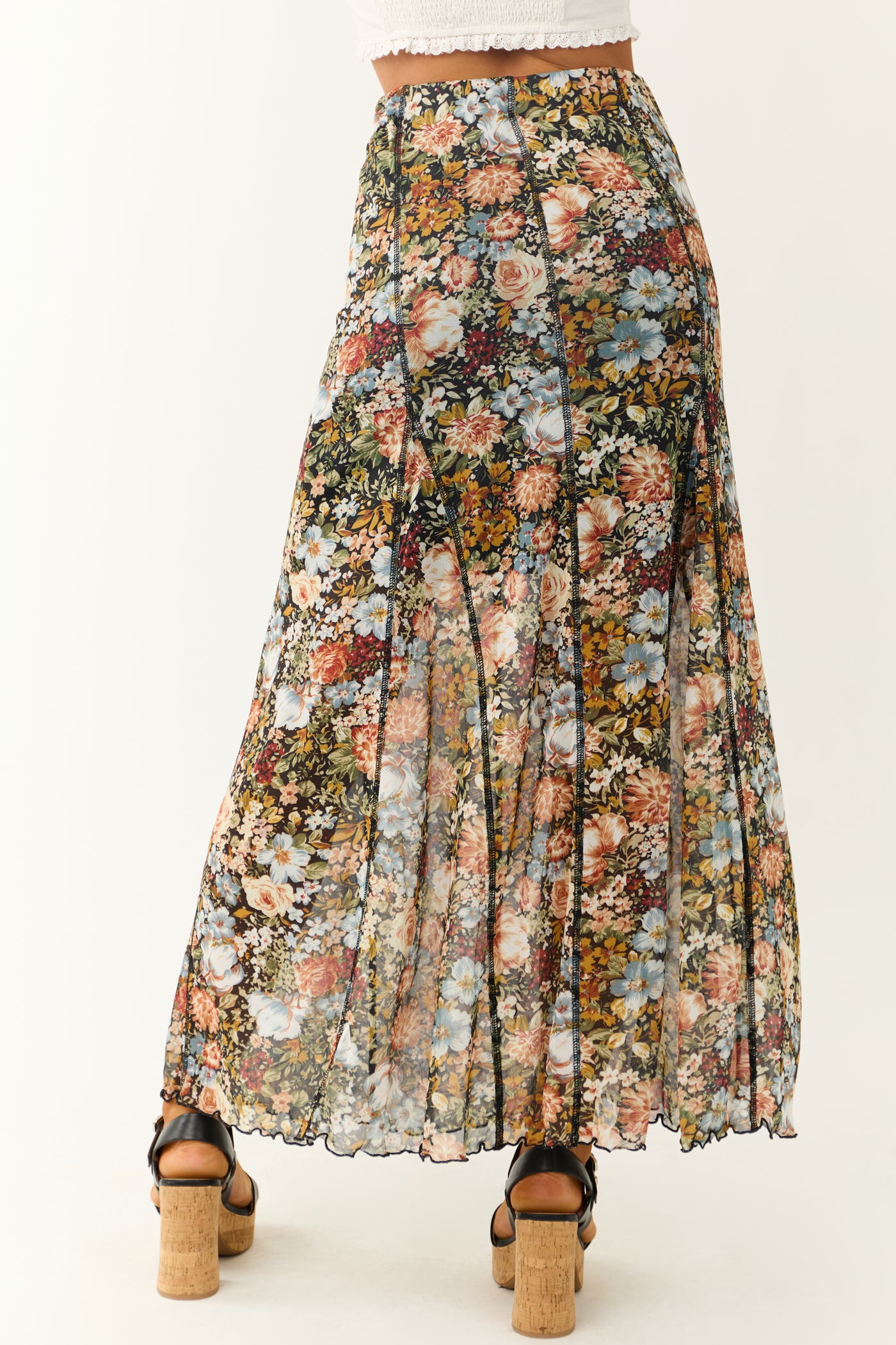 Black Mesh Overlay Floral Print Maxi Skirt