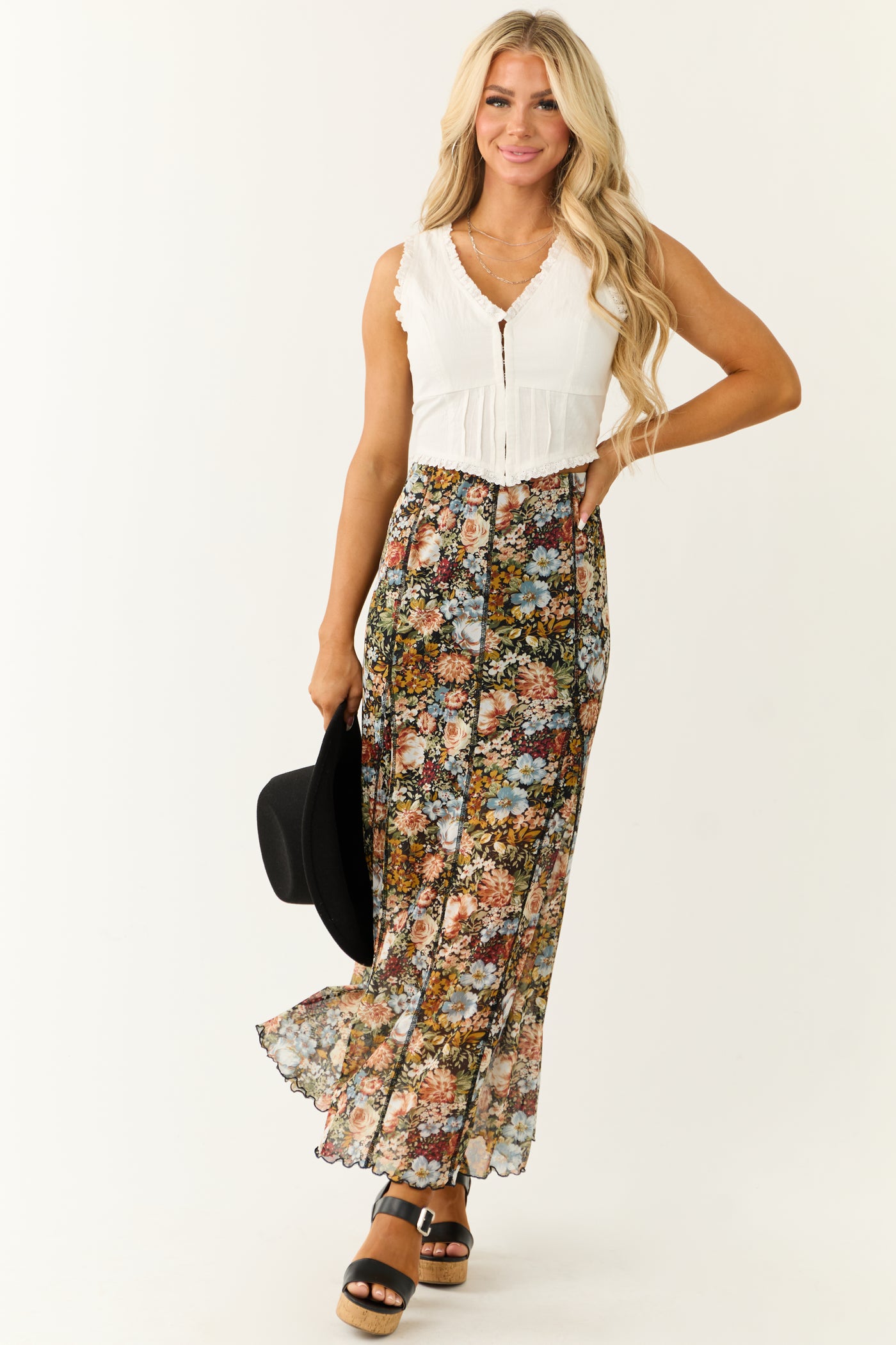 Black Mesh Overlay Floral Print Maxi Skirt