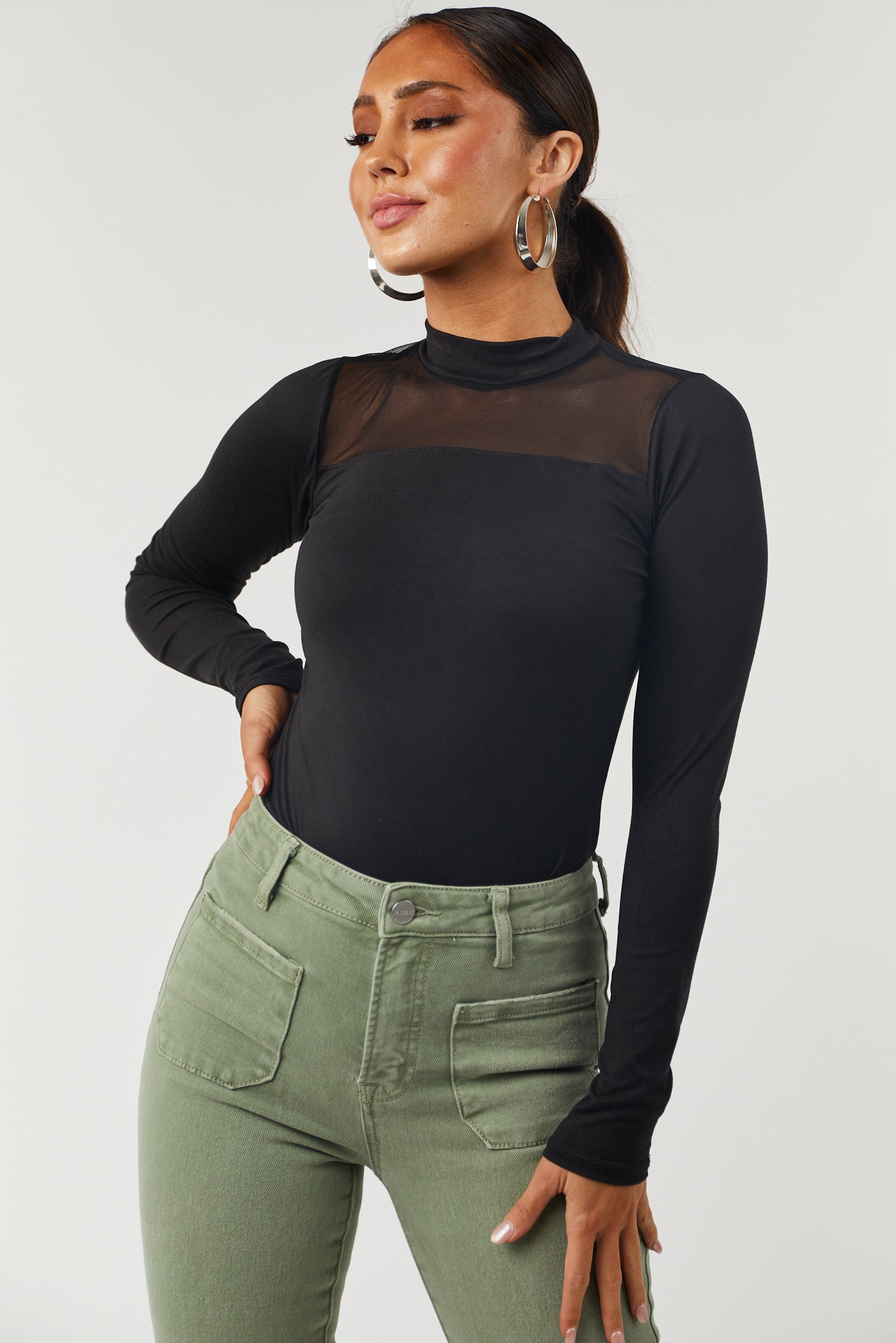 Black Mesh Yoke Mock Neck Knit Bodysuit