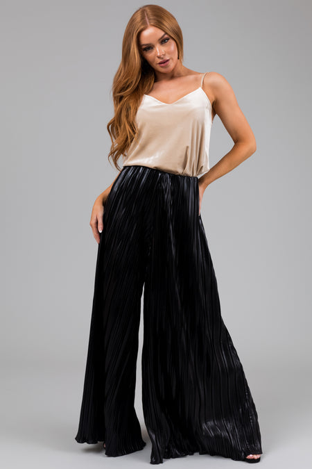 Black Metallic Pleated Flare High Waist Pants