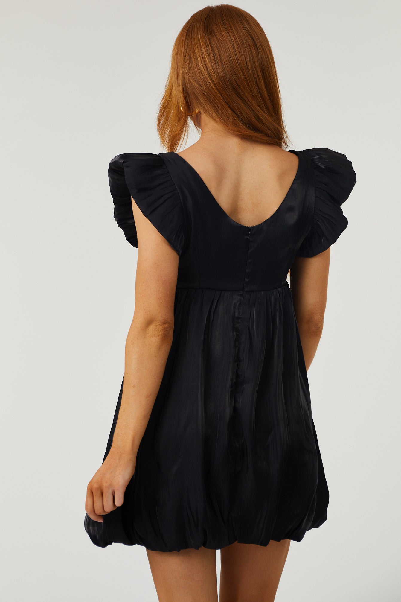 Black Metallic Satin Bubble Hem Mini Dress