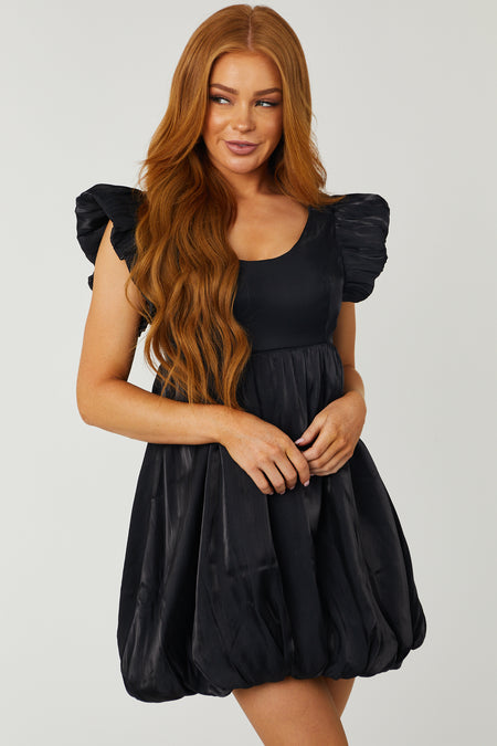 Black Metallic Satin Bubble Hem Mini Dress