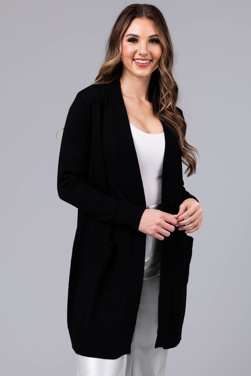 Black Mid Length Lightweight Open Cardigan