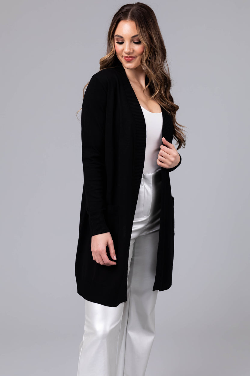 Black Mid Length Lightweight Open Cardigan