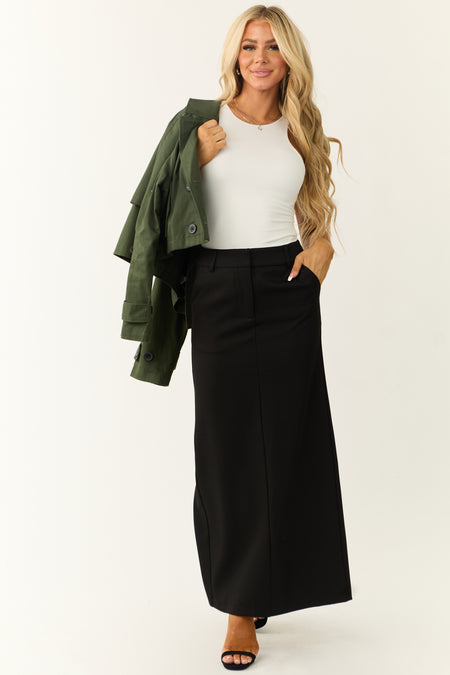 Black Mid Rise Back Slit Trouser Maxi Skirt