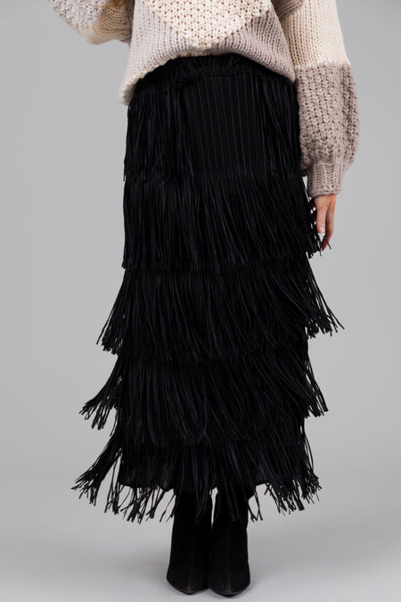 Black Midi Length Tiered Fringe Skirt