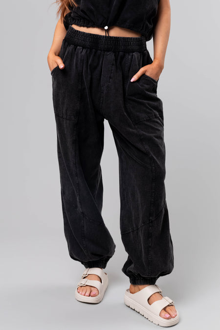 Black Mineral Wash Elastic Joggers