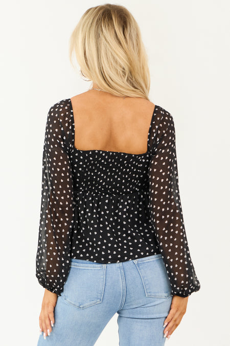 Black Mini Heart Babydoll Bubble Sleeve Blouse