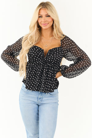 Black Mini Heart Babydoll Bubble Sleeve Blouse