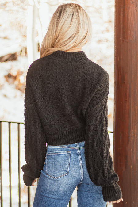 Black Mock Neck Cable Knit Sweater