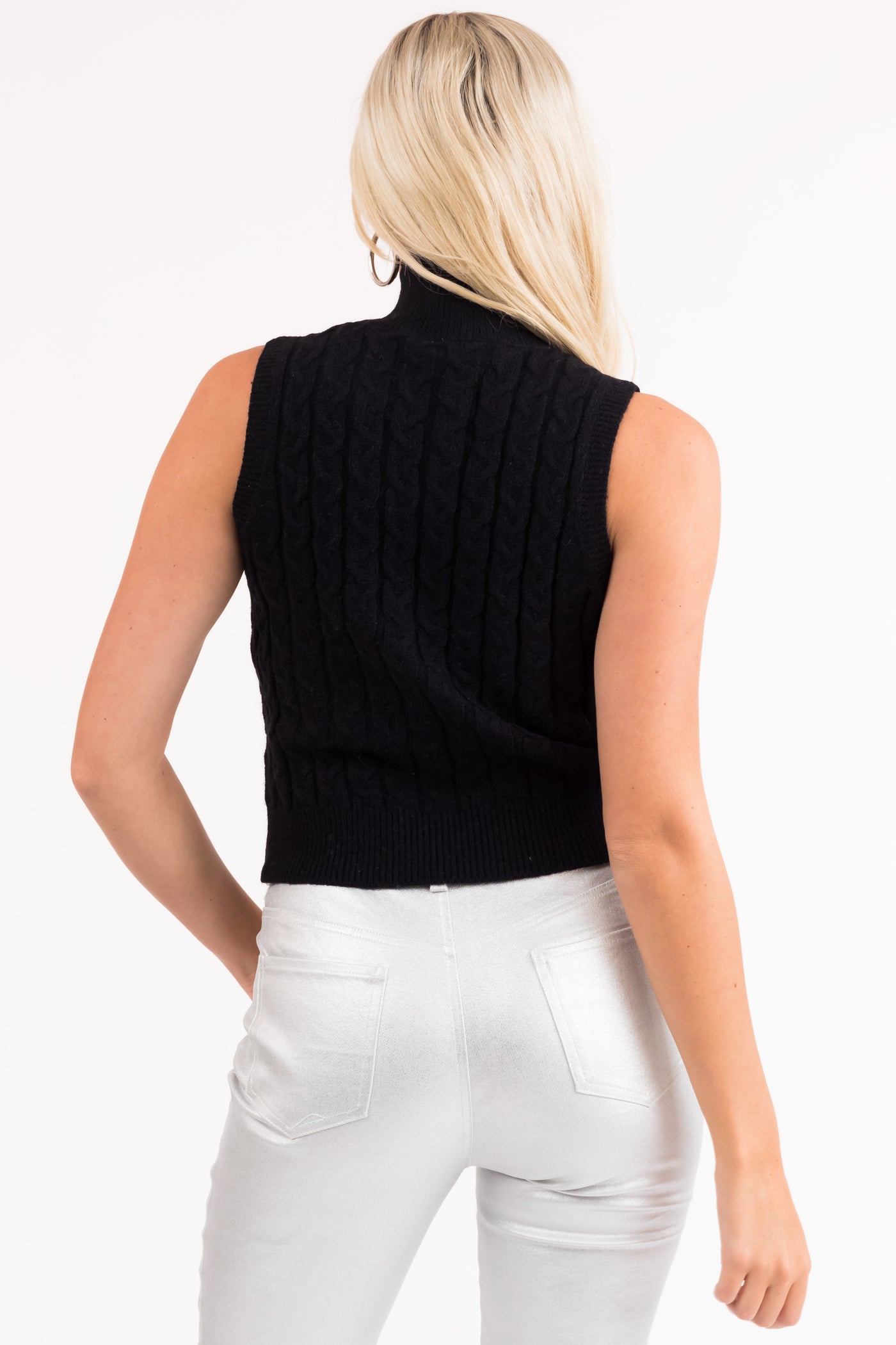 Black Mock Neck Cable Knit Tank Top