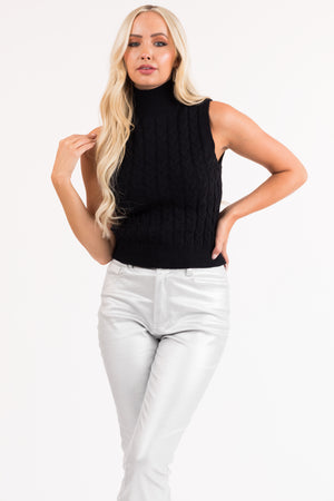 Black Mock Neck Cable Knit Tank Top