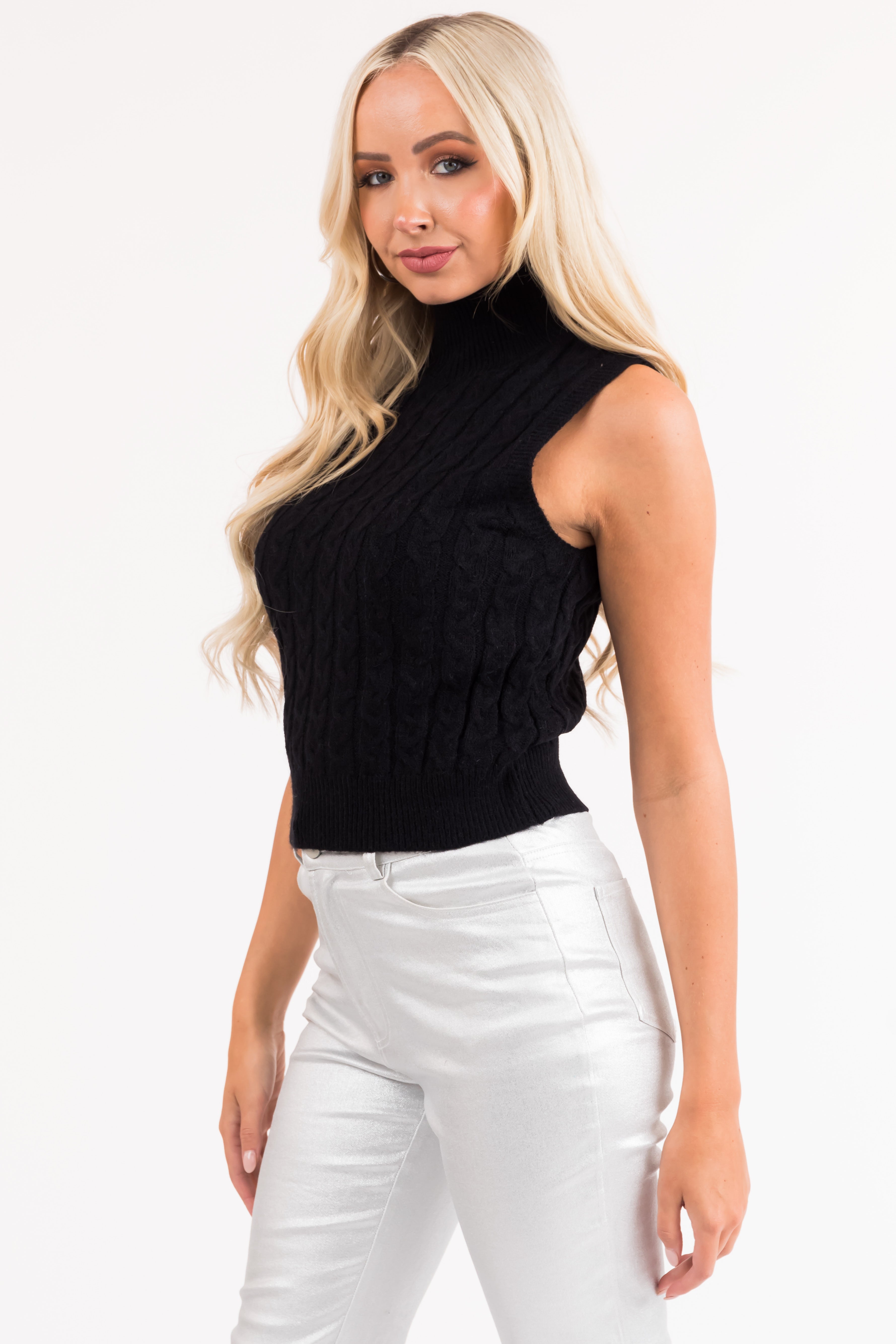 Black Mock Neck Cable Knit Tank Top