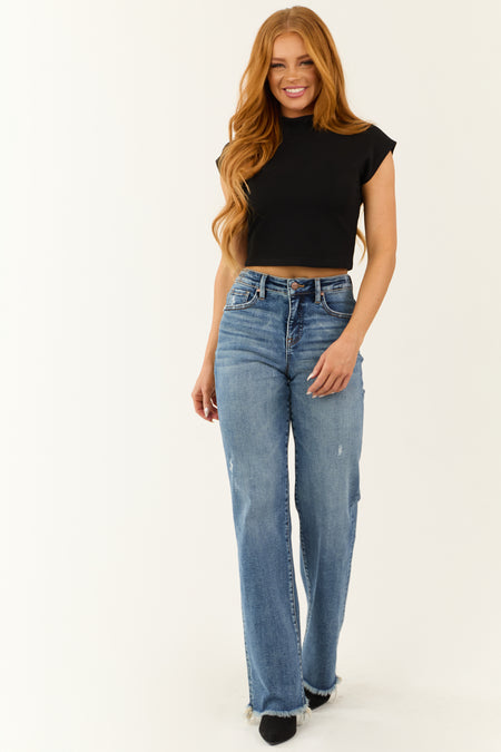 Black Mock Neck Cap Sleeve Knit Crop Top