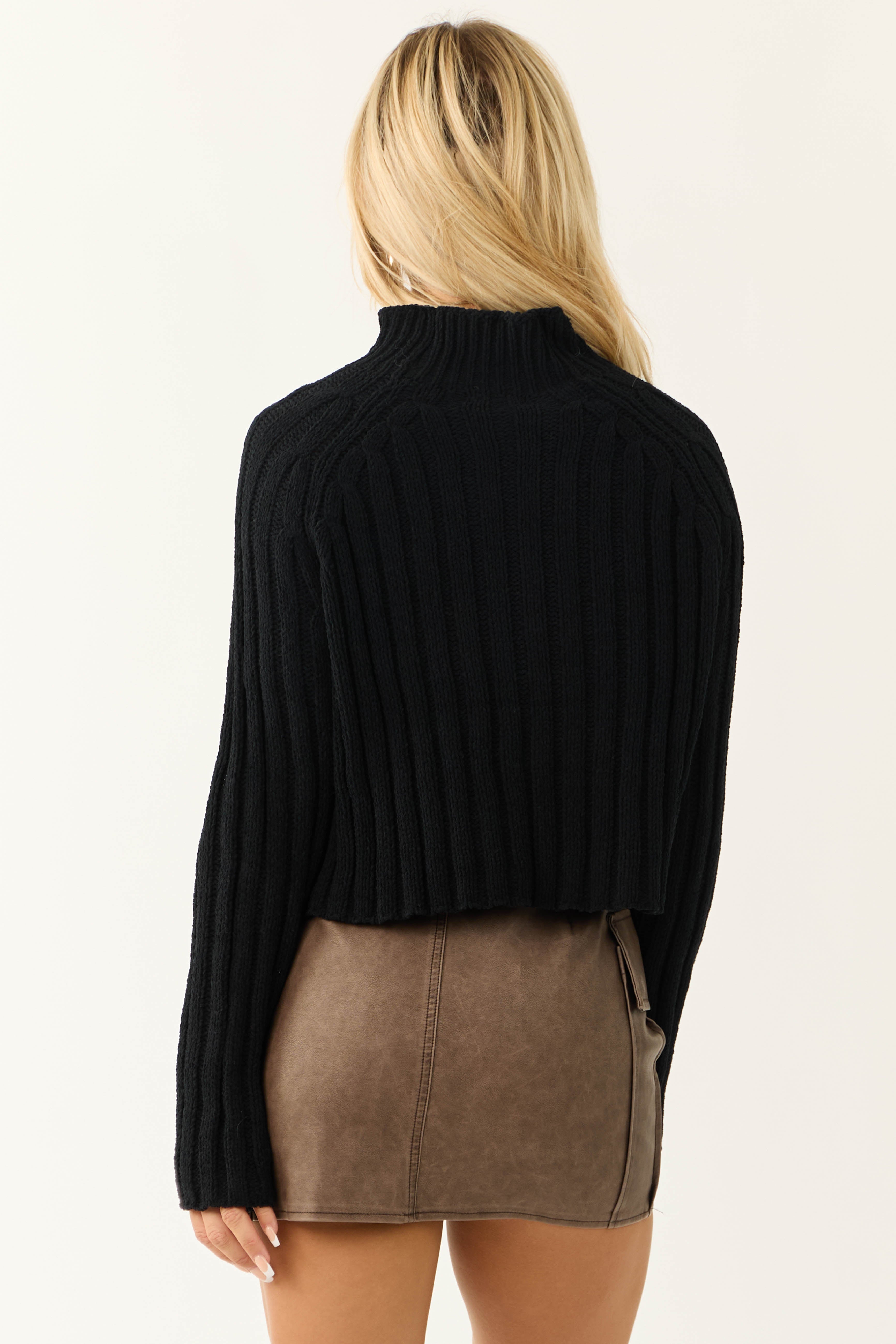 Black Mock Neck Cropped Chenille Sweater