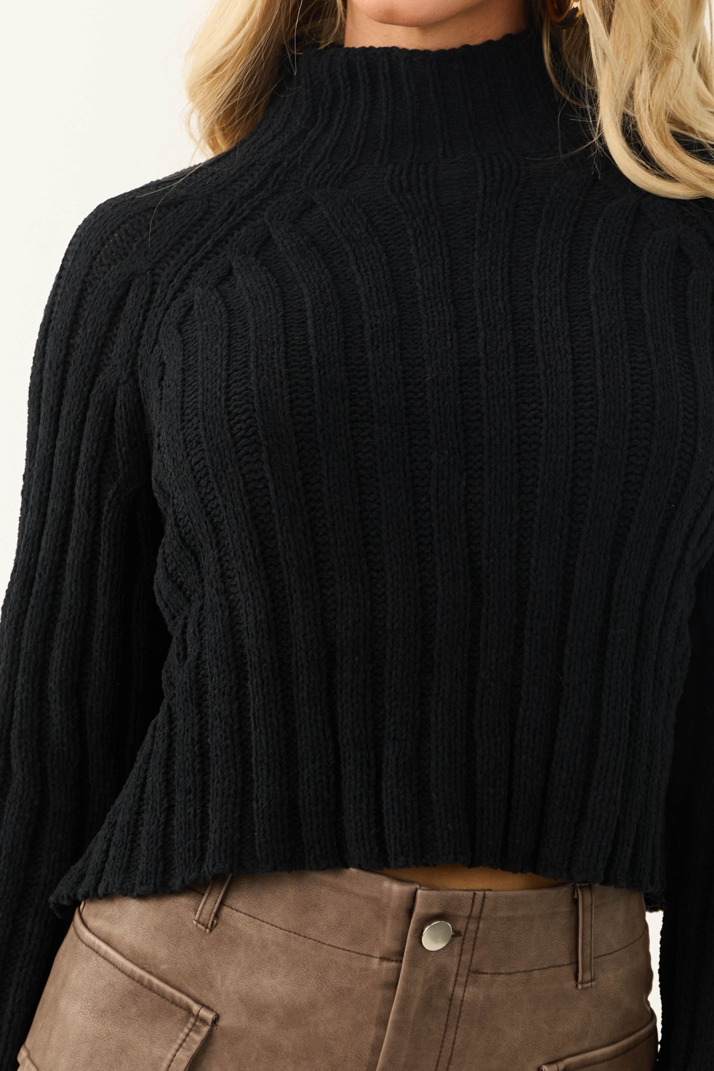 Black Mock Neck Cropped Chenille Sweater