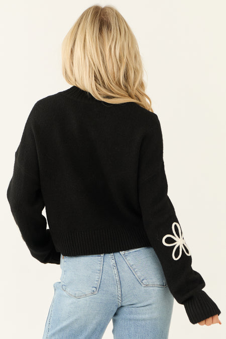 Black Mock Neck Floral Applique Sweater